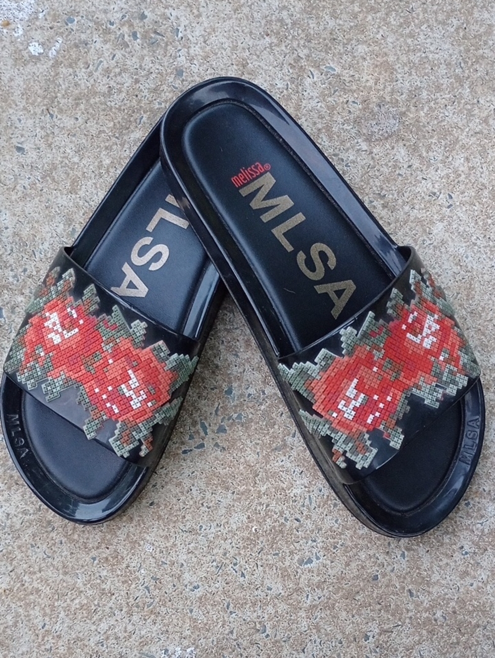 Melissa Black Slides with Red Floral Pixel Pattern